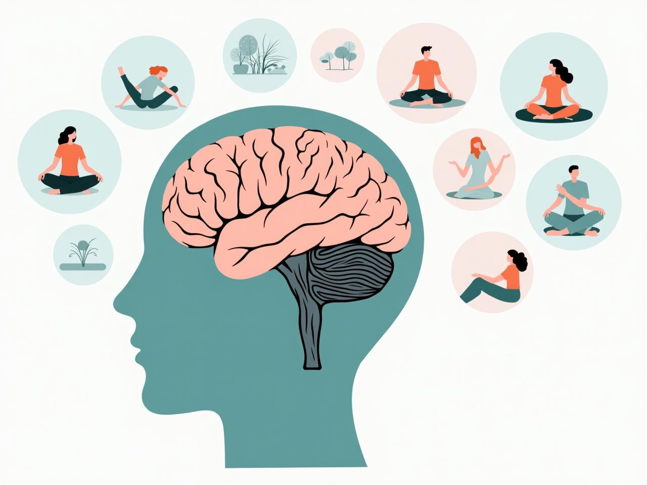 Illustration of a brain with a shrunken hippocampus due to chronic stress. The image includes visual representations of meditation, deep breathing, and other relaxation techniques.