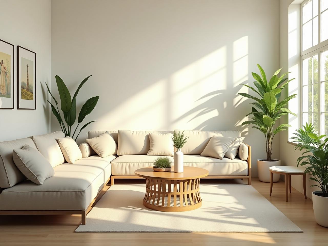 A brightly lit and well-organized living room, incorporating feng shui principles with plants and natural elements.