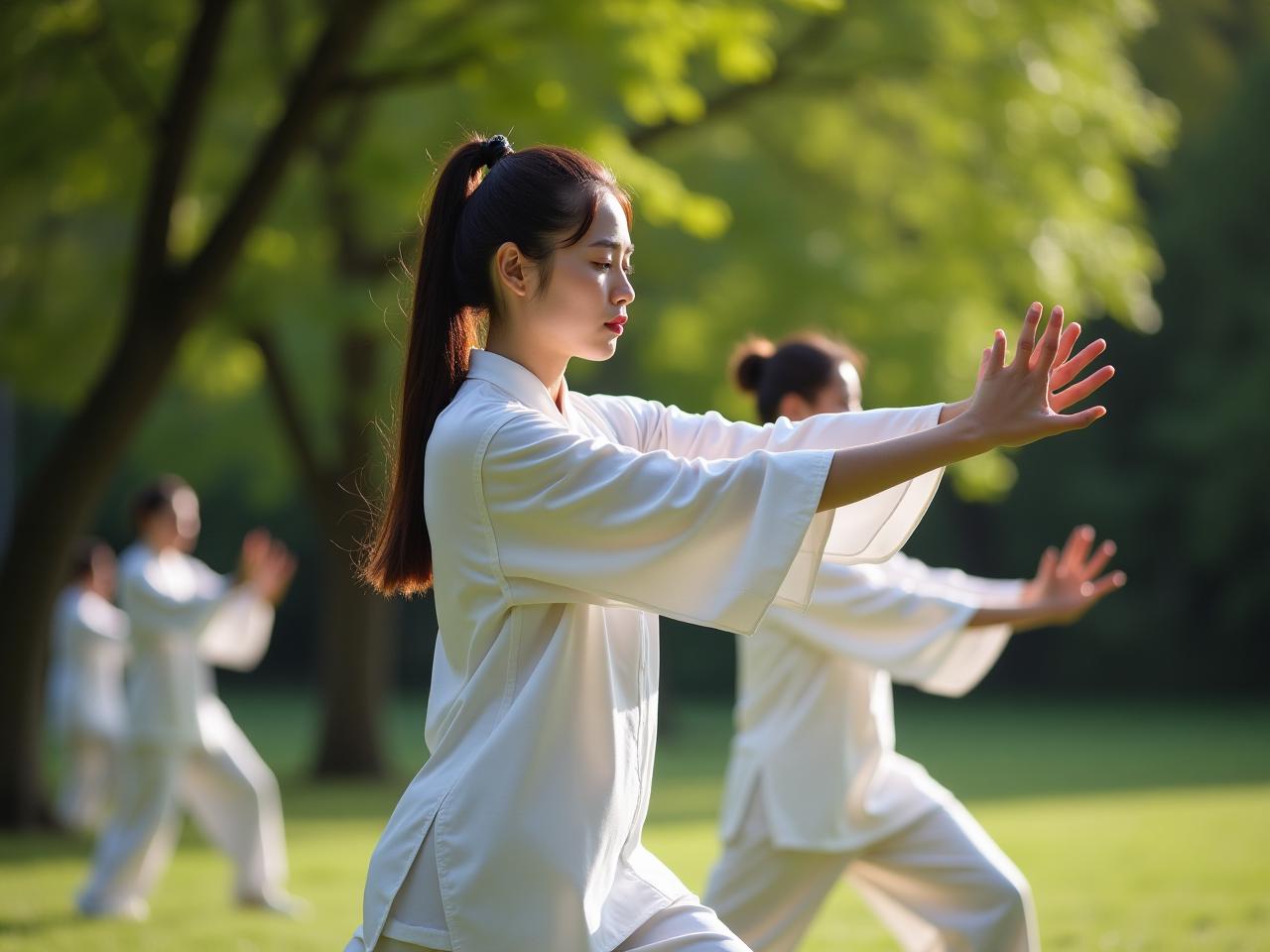 People practicing Tai Chi in a park.