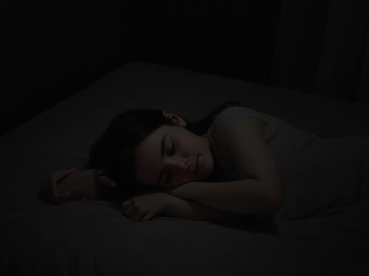 A person sleeping peacefully in a dark and cozy room.