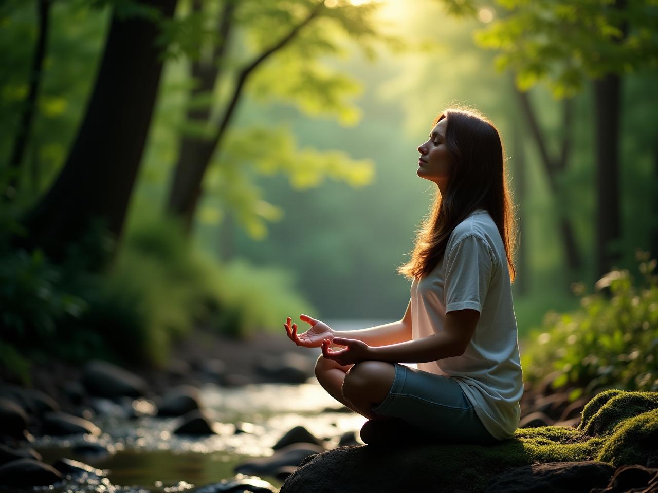 A person sitting peacefully in nature, meditating with their eyes closed, surrounded by green trees and a flowing stream.