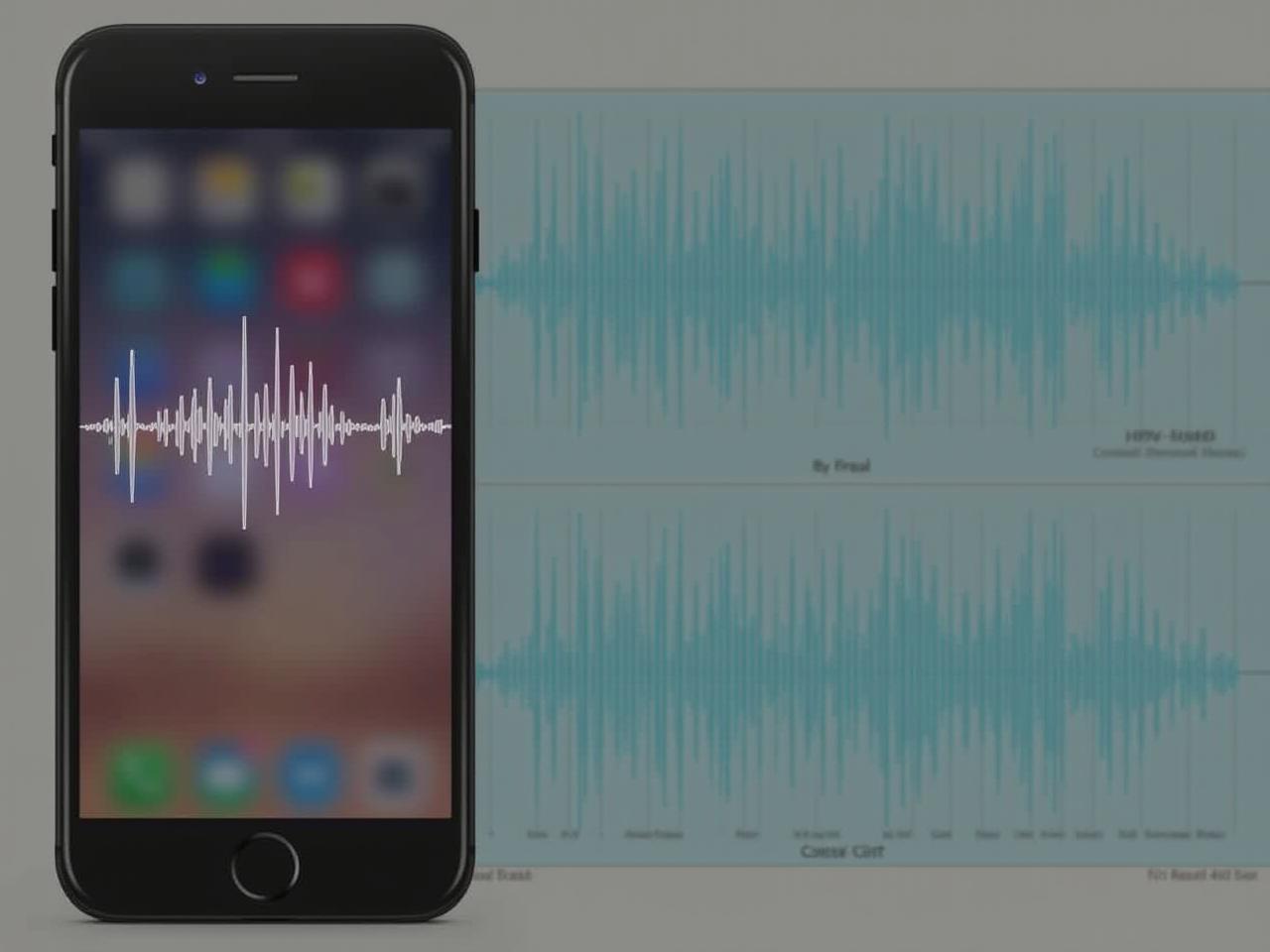 A smartphone showing a waveform representing breath sounds, with graphs showing HRV and cortisol levels in the background.