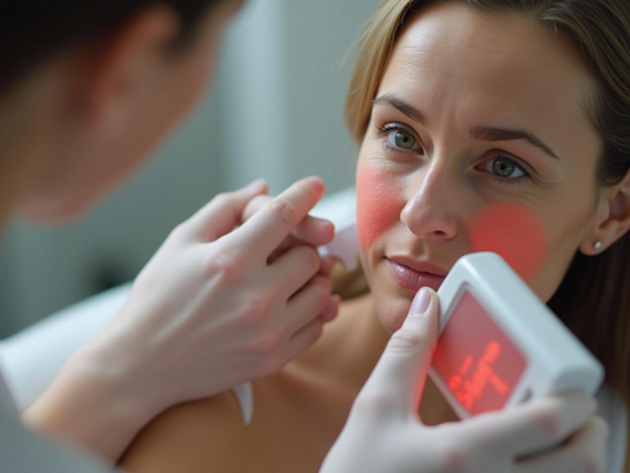 Close up of a person having their skin scanned with a modern device, highlighting the focus on early detection of aging signs.