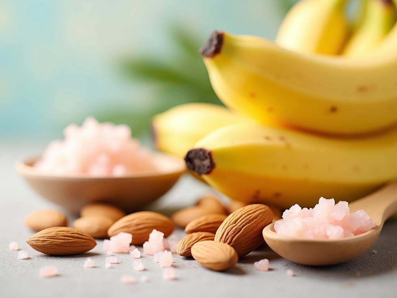 A vibrant image showcasing magnesium, potassium, and sodium-rich foods (like almonds, bananas, and a pinch of Himalayan pink salt) arranged artfully, with a backdrop suggesting energy and vitality.