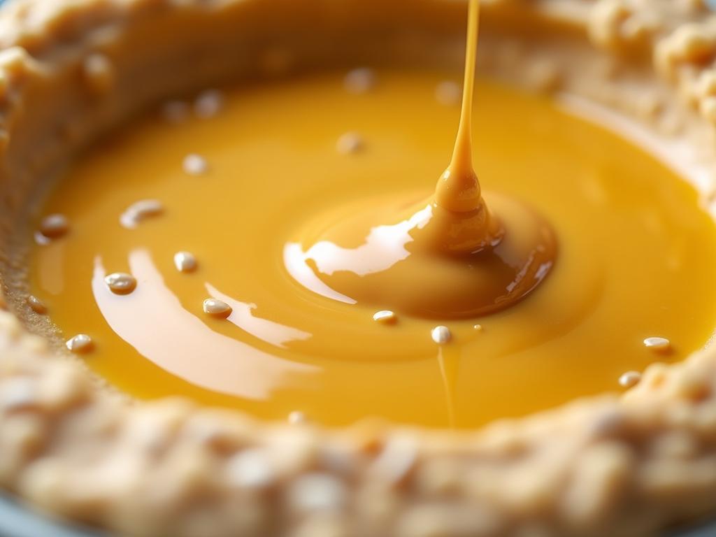 Close-up shot of tahini drizzled on a plate of homemade hummus, with sesame seeds sprinkled on top. Focus on the creamy texture of the tahini.
