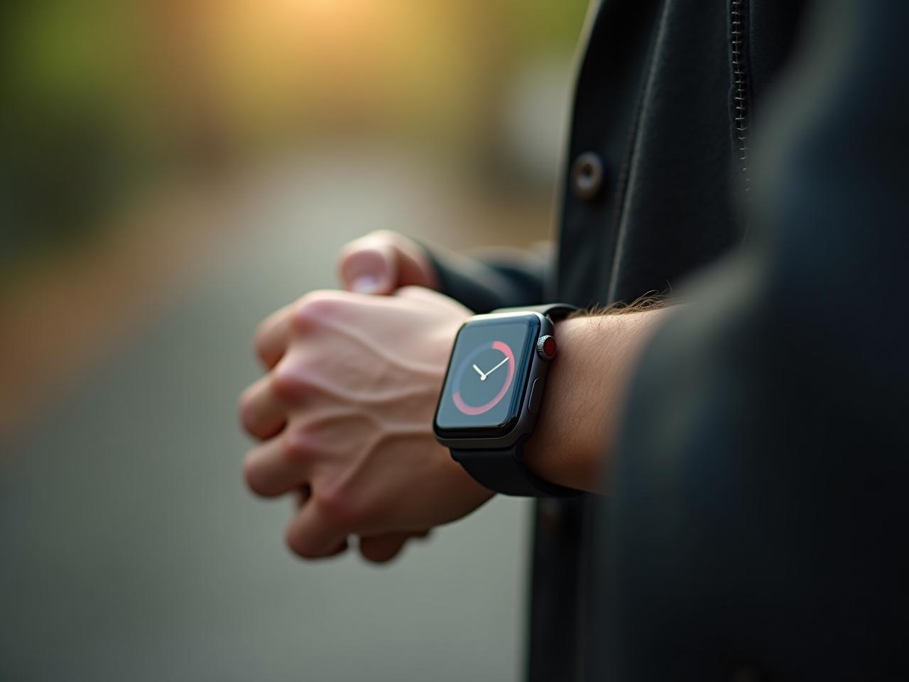 A person wearing a smartwatch and checking their heart rate, with a calm and serene background.