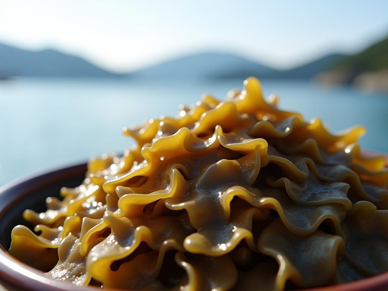 A close-up photo of brown seaweed (like Wakame or Kombu) with a focus on its texture and natural patterns, set against a blurred background of a traditional Japanese landscape with mountains and a serene sea.