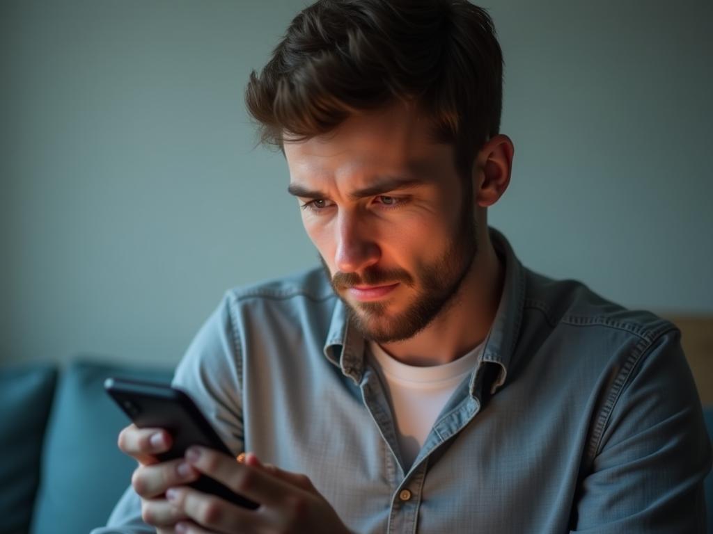 A person looking thoughtfully at their phone with a concerned expression, suggesting the potential negative impacts of excessive smartphone use on mental health and brain function.