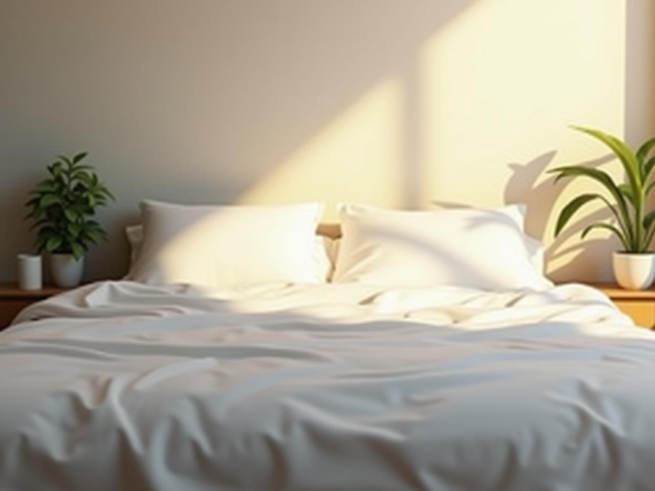 A cozy bedroom with clean white sheets, sunlight streaming through the window, and a plant on the nightstand, symbolizing a healthy and clean sleep environment.