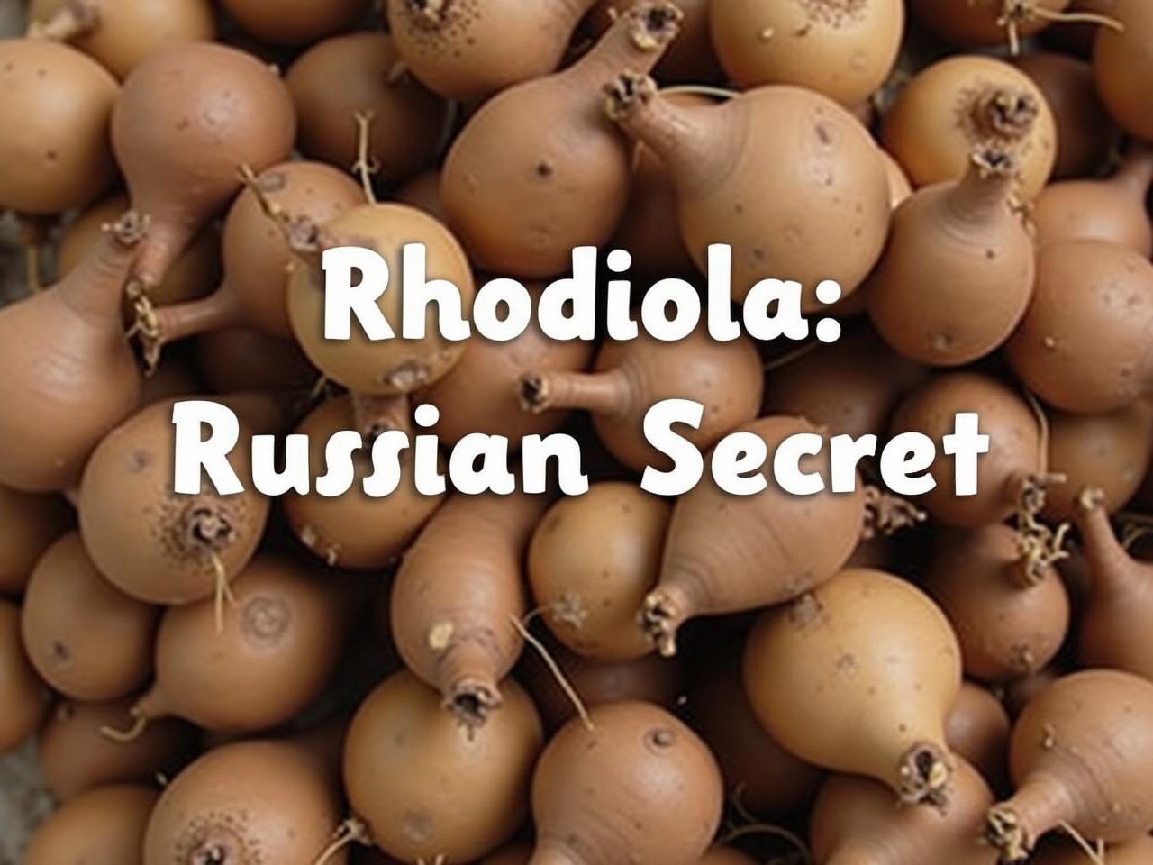 A close-up image of Rhodiola rosea roots with text overlay Rhodiola: The Russian Secret.