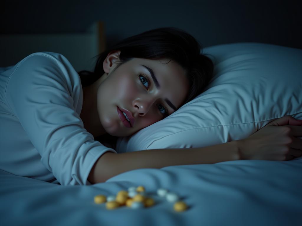 A person lying in bed looking stressed and unable to sleep, with pills nearby. The scene should evoke a sense of unease and the potential negative impact of sleep medication.
