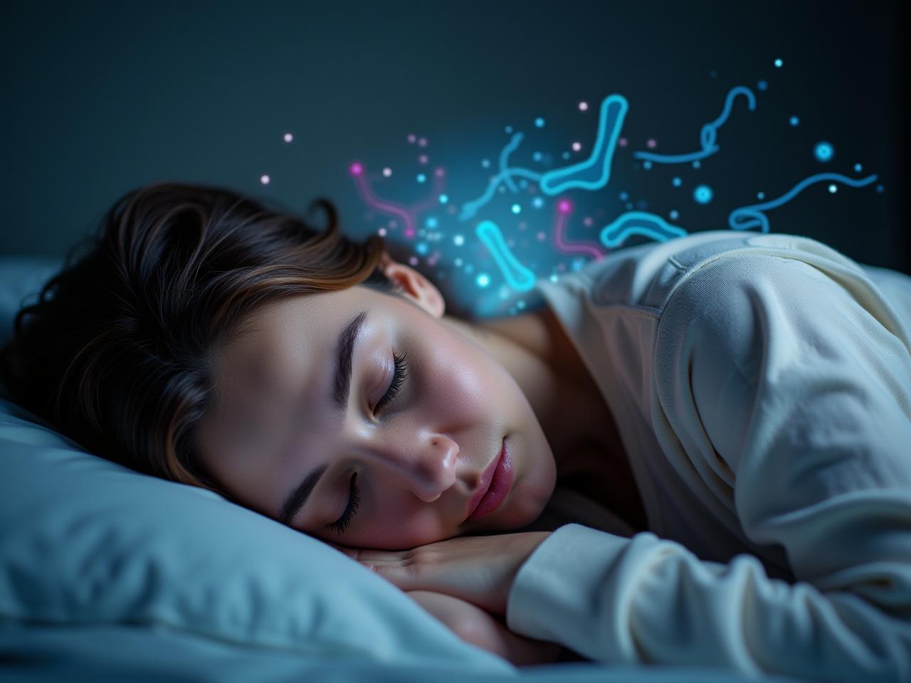 Close up image of a person sleeping peacefully, with a subtle overlay of a vibrant, swirling microbiome illustration.