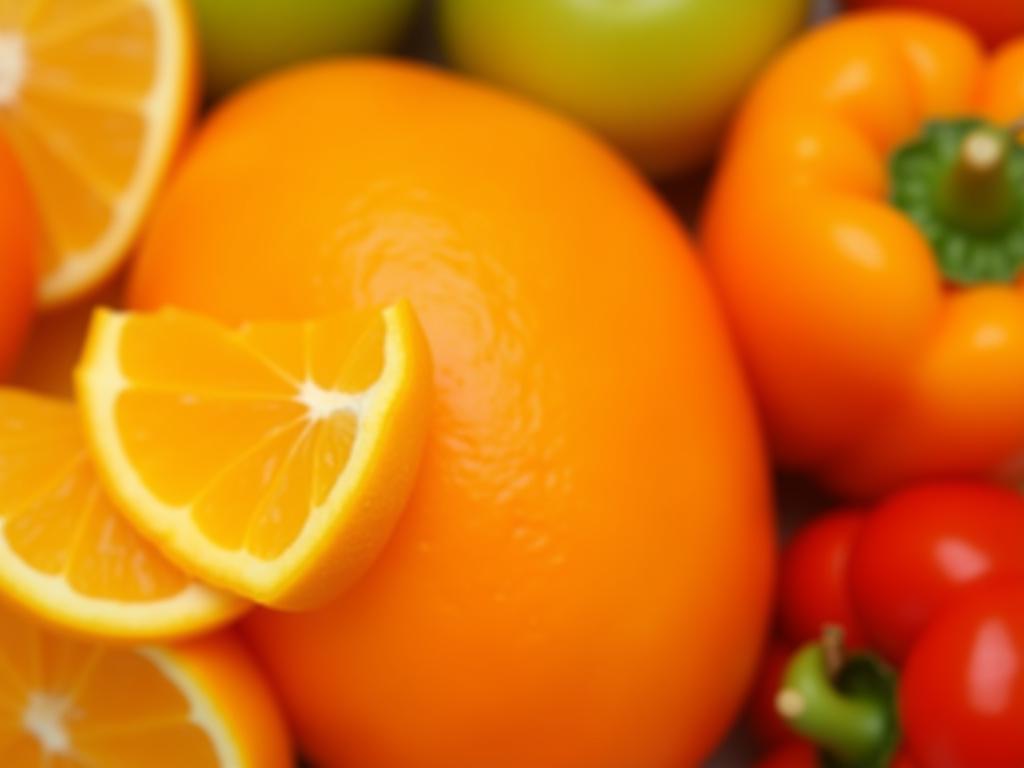 A close-up shot of various colorful fruits and vegetables rich in vitamin C, arranged in a vibrant display. Focus on a slice of orange and a red bell pepper to highlight the main sources of the vitamin.