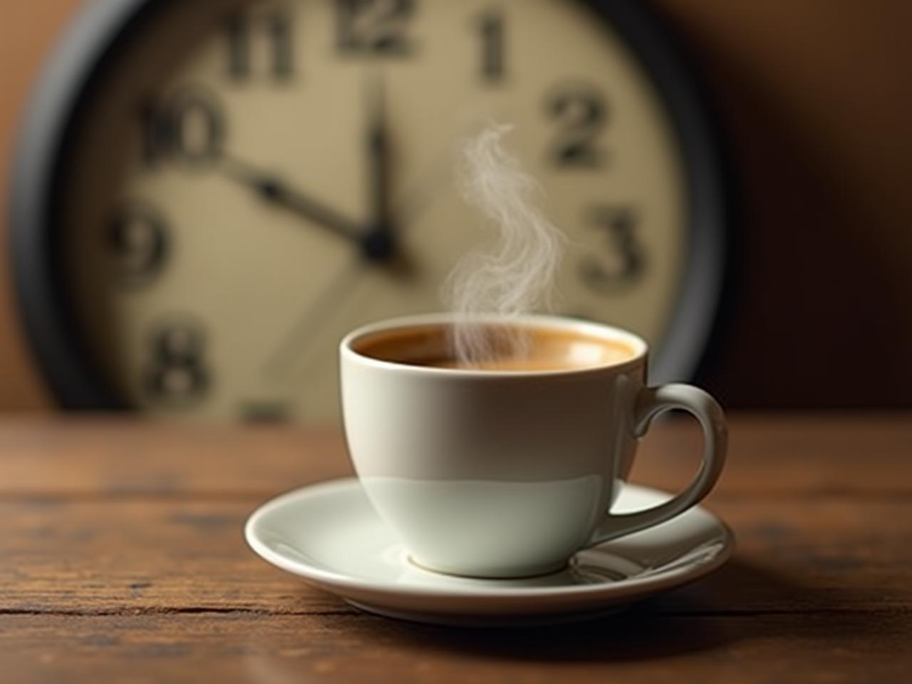 A cup of coffee with a clock in the background, symbolizing the timing of coffee consumption.