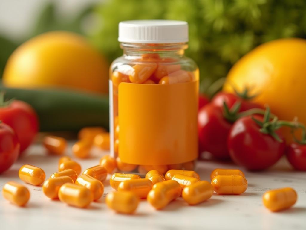 Close-up shot of quercetin and berberine supplement capsules with fresh fruits and vegetables in the background.