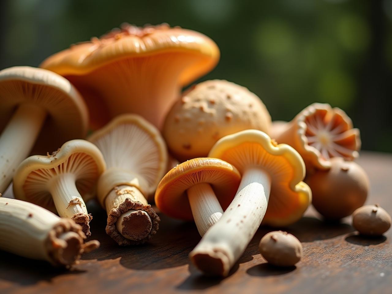 Close-up shot of various medicinal mushrooms, including Reishi, Shiitake, Cordyceps, Turkey Tail, and Maitake, arranged on a wooden surface with natural light, conveying health and natural remedies.