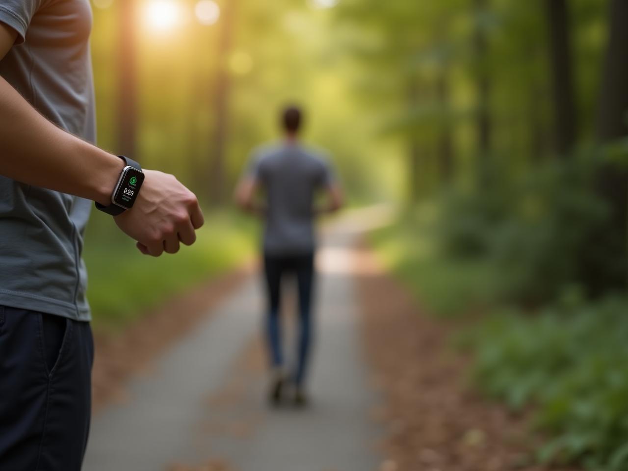 A person using a wearable device to monitor their health metrics while walking in nature.