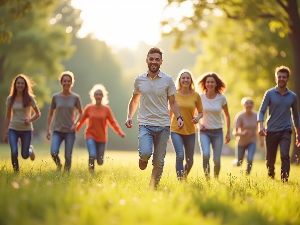 A vibrant image showing diverse people of all ages moving freely and joyfully in a natural environment, suggesting natural movement and vitality.