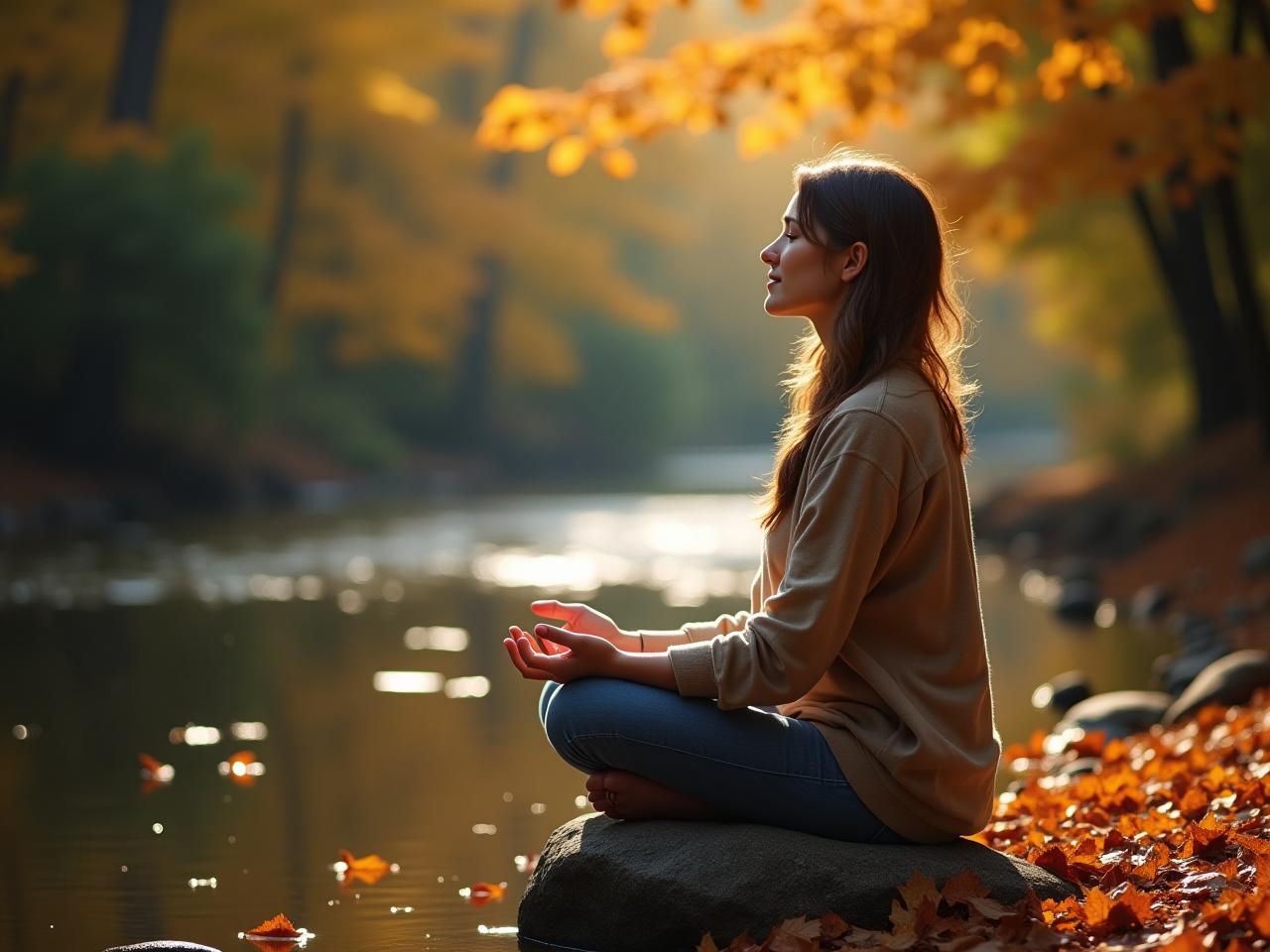 Person meditating by a calm stream with autumn leaves floating on the water.