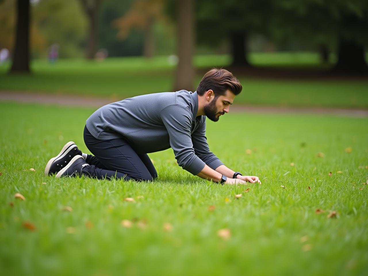 A person crawling on the grass in a park, practicing animal movements.