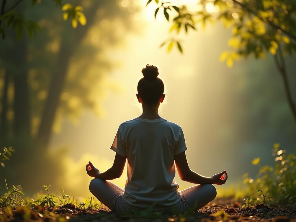 A person meditating peacefully in a natural setting, surrounded by calming colors.