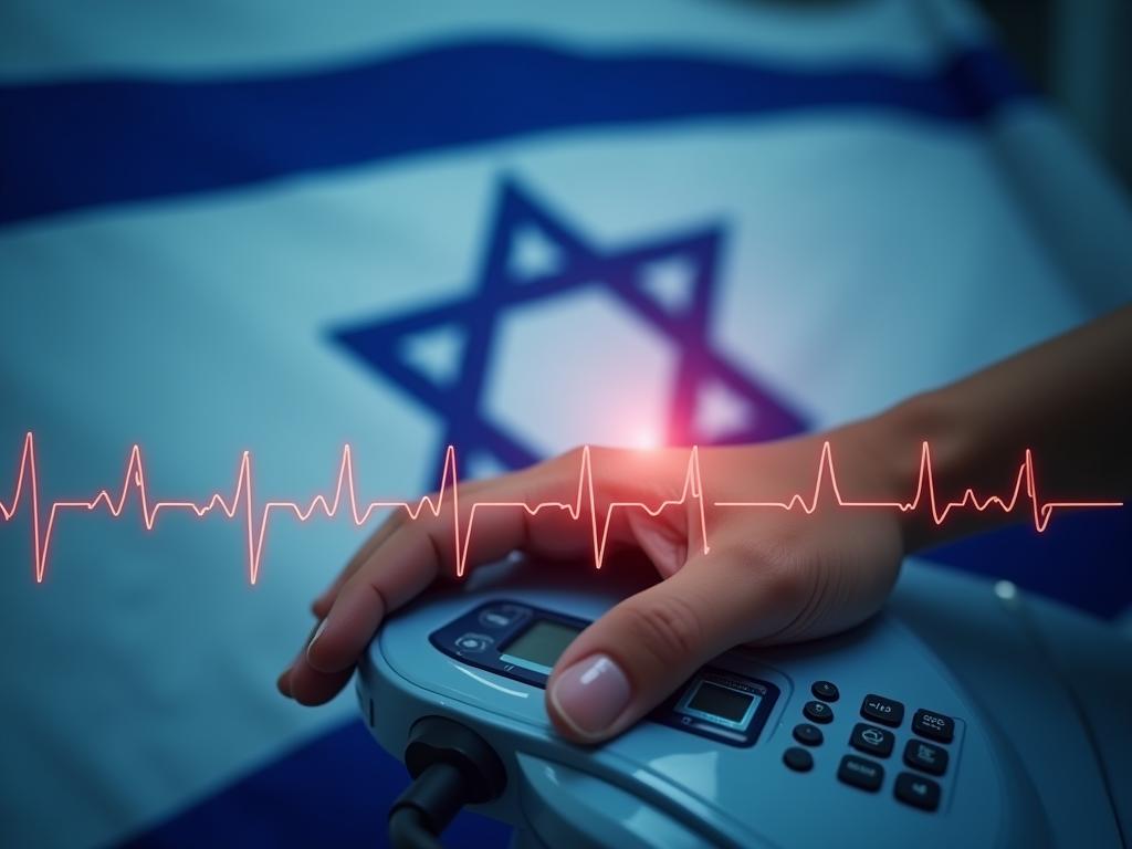 An image showing a graph of heart rate variability (HRV) with a persons hand resting gently on a medical device. The background features the Israeli flag in a subtle way.