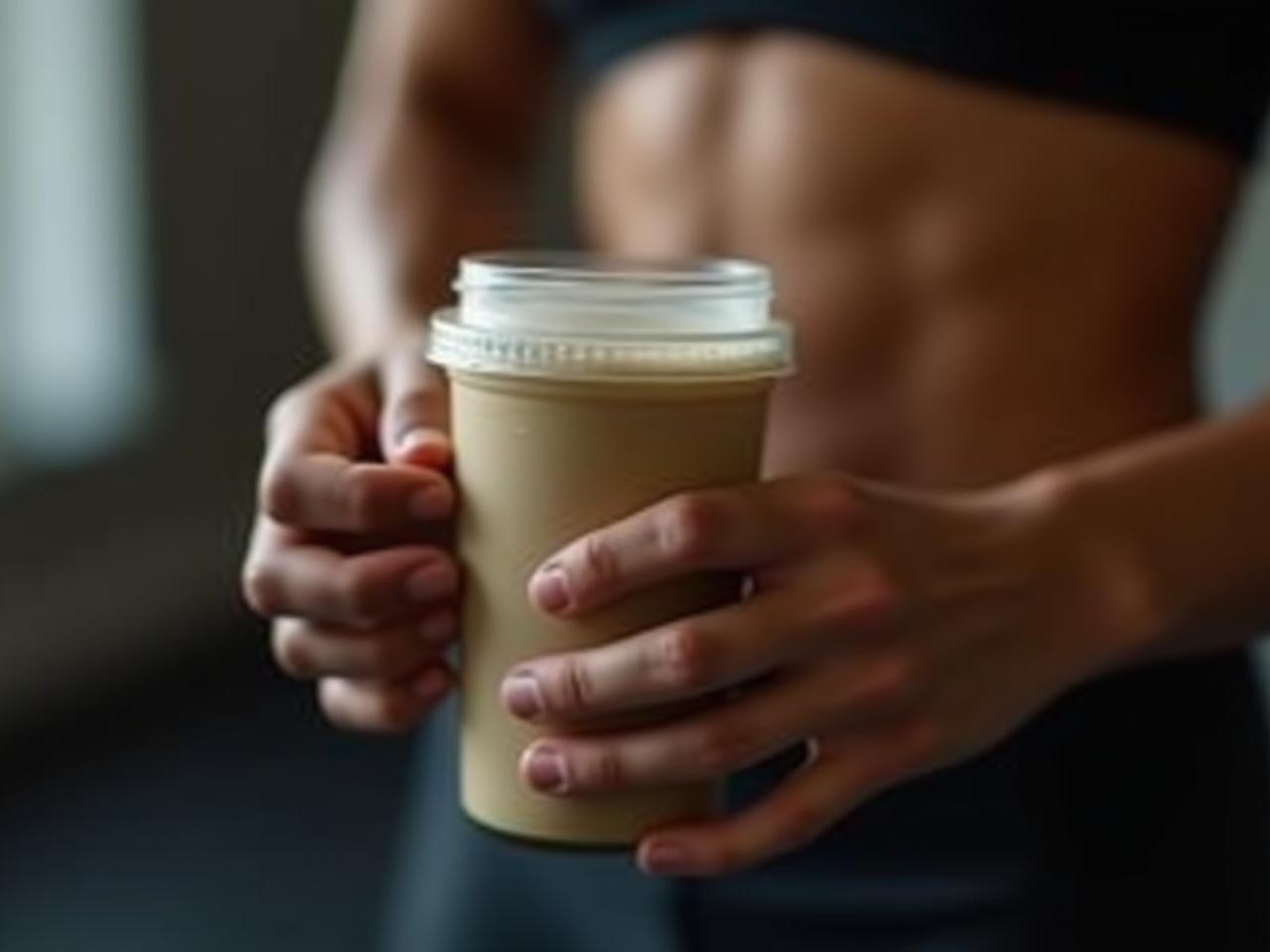 A person holding a protein shake after a workout.