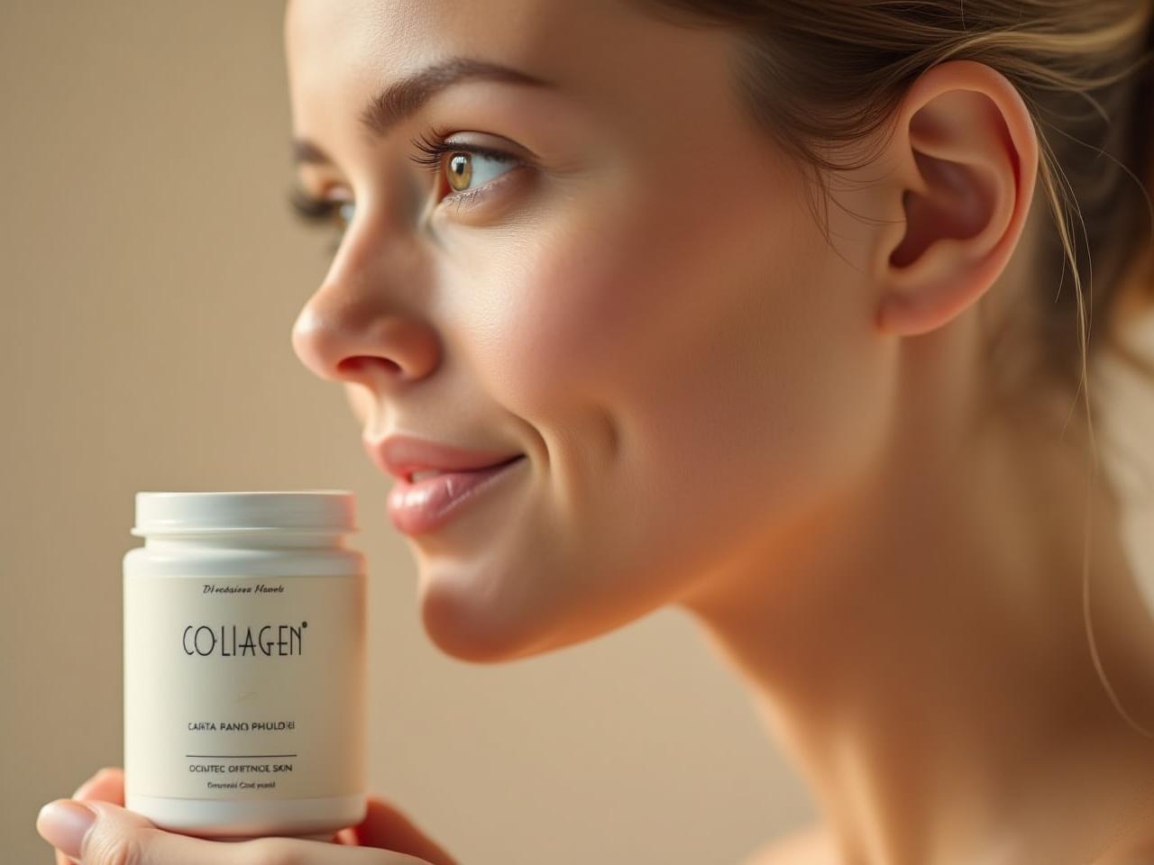 Close-up of a womans face with glowing skin, next to a jar of collagen powder.