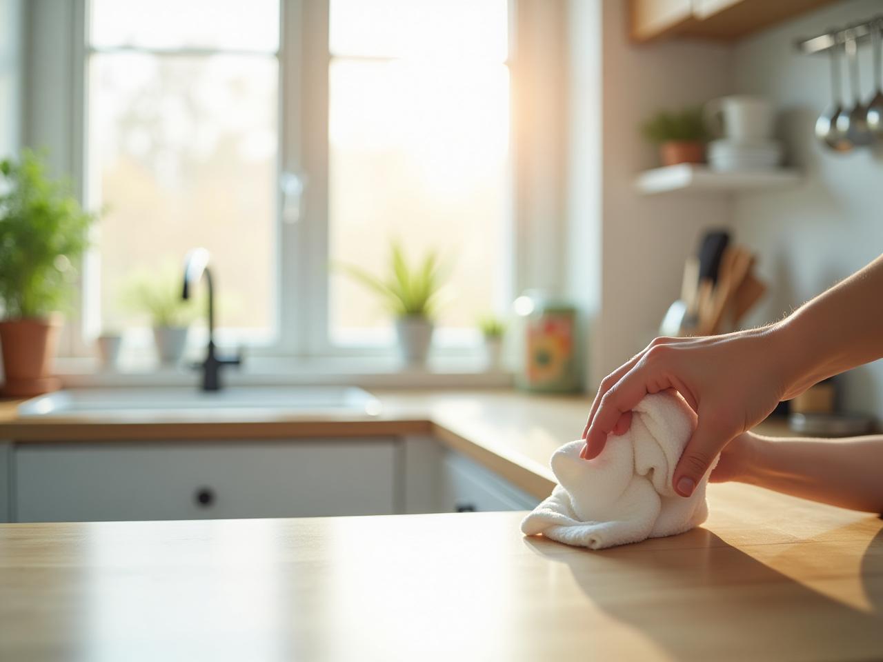 A bright and clean kitchen with sparkling surfaces and organized utensils, highlighting the ease of cleaning with natural ingredients.
