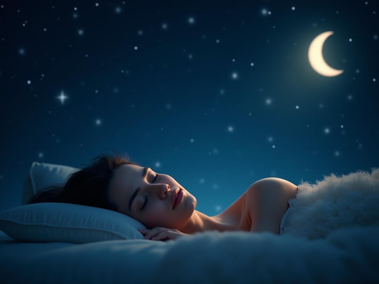 A person sleeping peacefully under a starry night sky, with the moon illuminating their face.  Soft, dreamy lighting and a sense of tranquility.