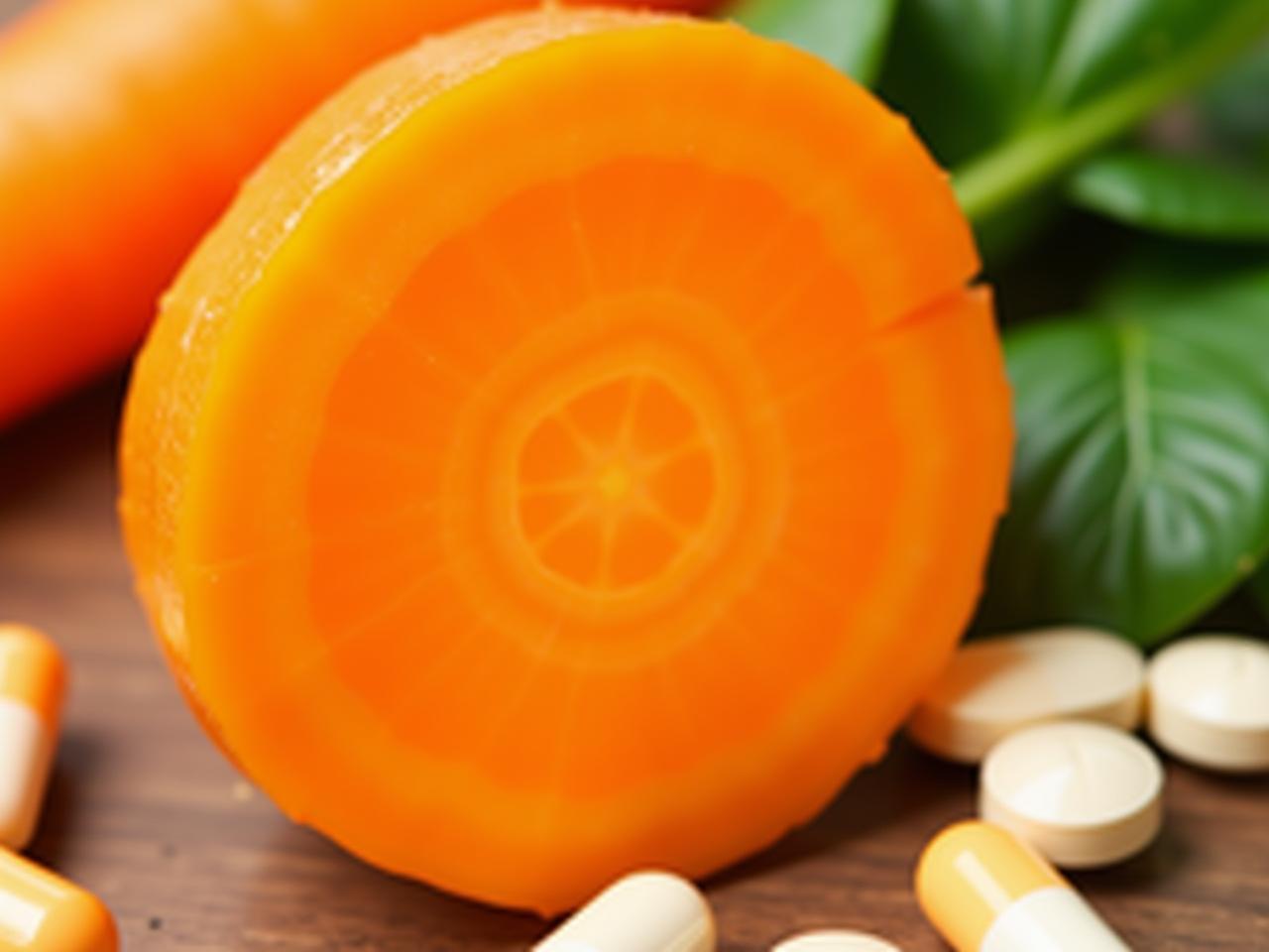 A close-up image of a sliced carrot, with the focus on the vibrant orange color and the concentric rings inside. The image also contains capsules of Vitamin A supplements and green leafy vegetables such as spinach, illustrating different sources of the nutrient.