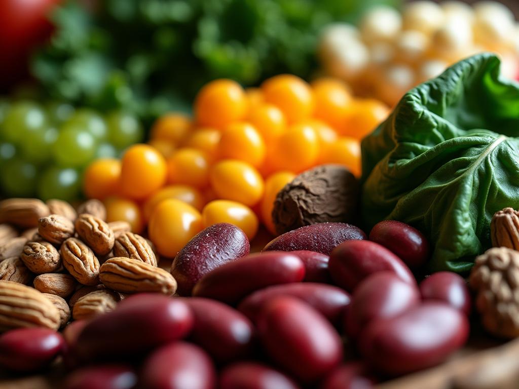 A close-up shot of various colorful superfoods, such as beans, nuts, and leafy greens, with a subtle shadow cast over them, symbolizing the dark side of these foods due to anti-nutrients.