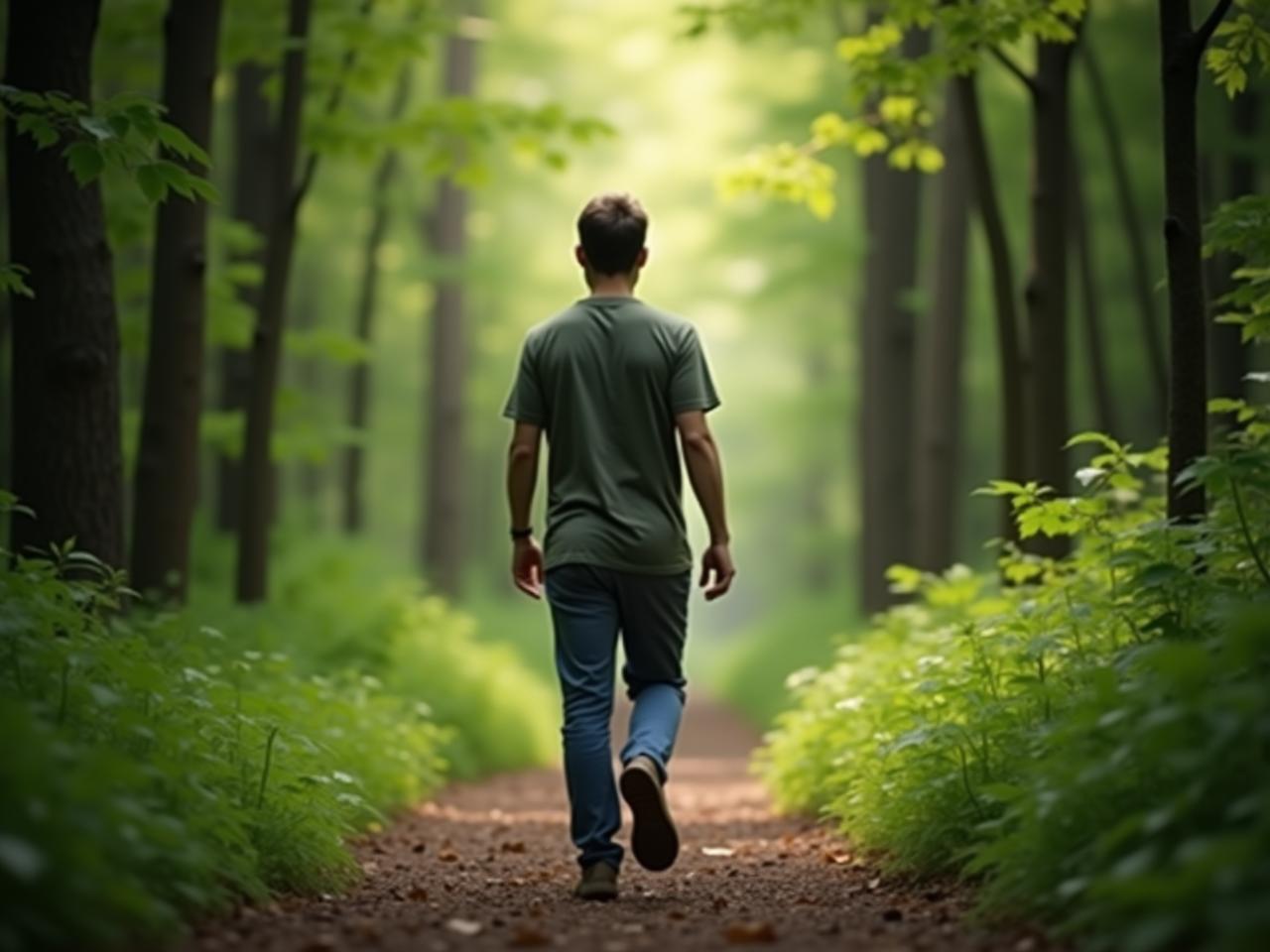 A person walking leisurely in a forest, surrounded by lush greenery, focusing on mindfulness and natural movement.