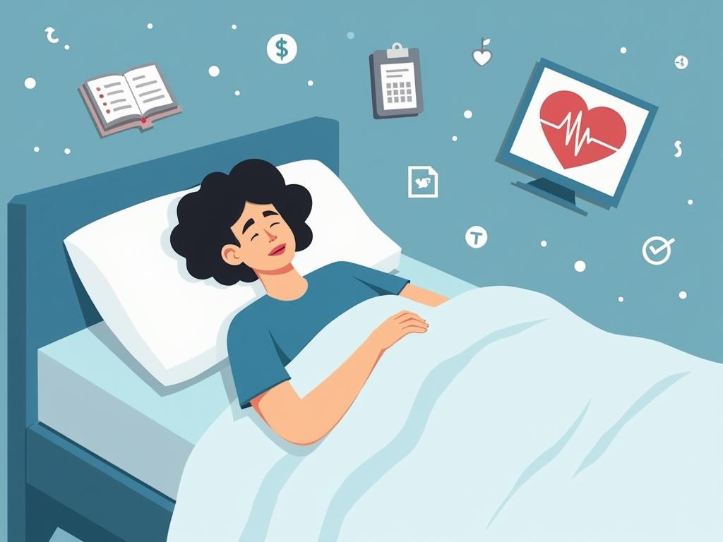 A person sleeping peacefully in bed, surrounded by symbols representing data and health tracking.
