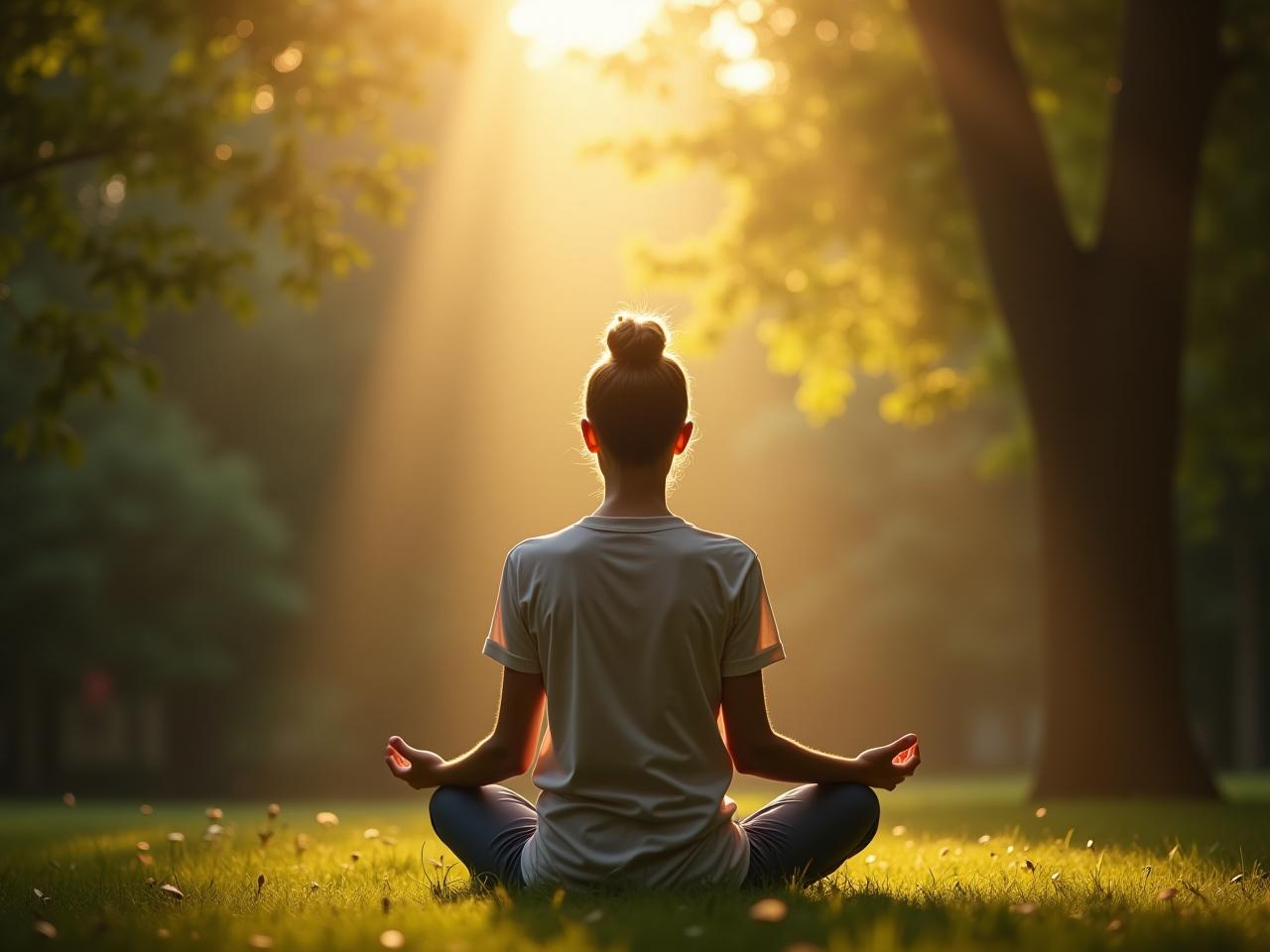 A person meditating peacefully in a quiet natural setting with sunlight filtering through the trees.