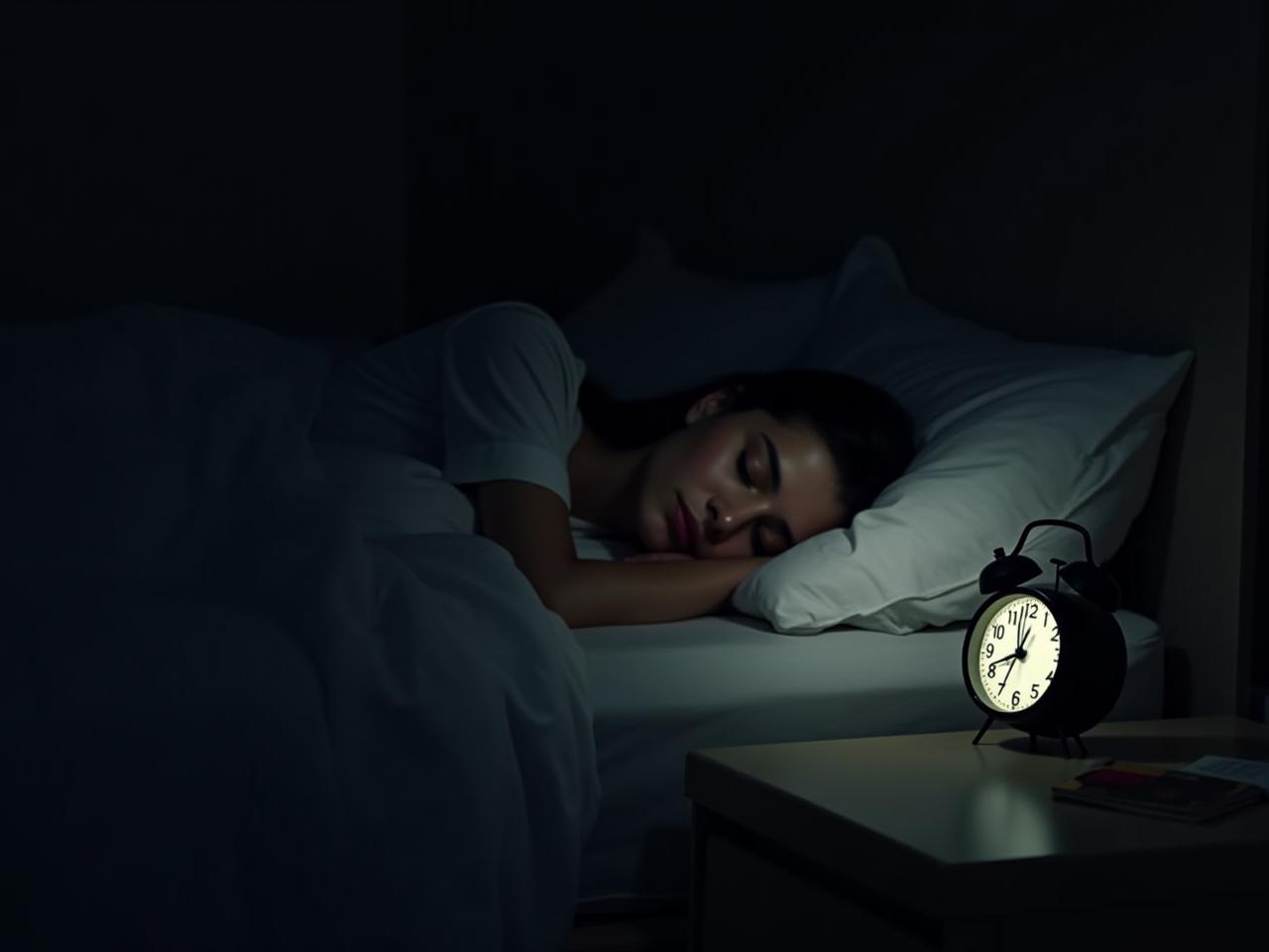 A person sleeping peacefully in a dimly lit room with a clock and a book on the nightstand.