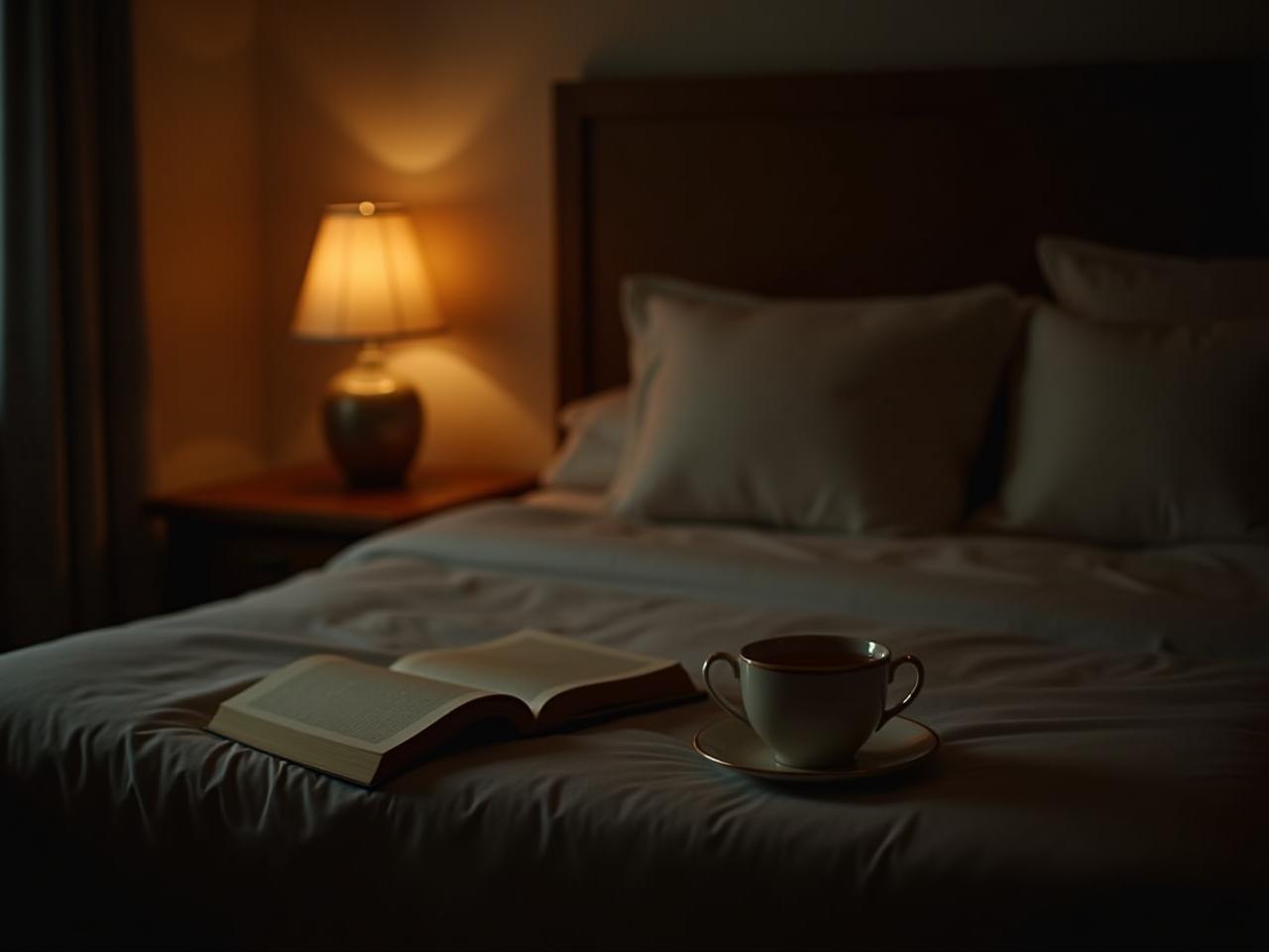 A cozy bedroom with dimmed lights, a book on the nightstand, and a cup of herbal tea, creating a relaxing and peaceful atmosphere for a good nights sleep.