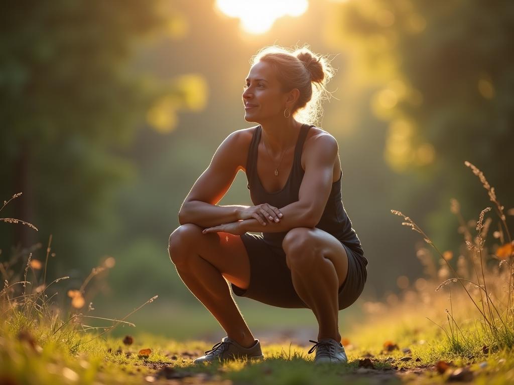 A person doing a deep squat in nature, highlighting the importance of functional movement for longevity.
