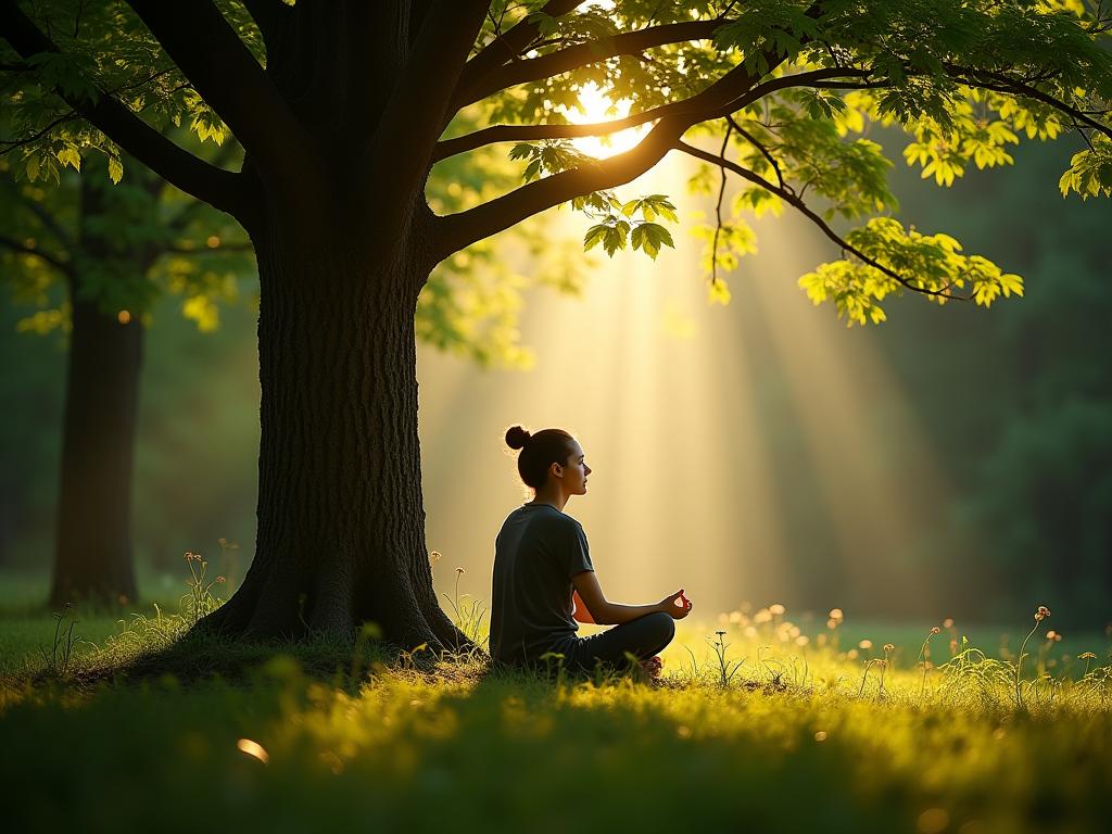 A person sitting peacefully under a tree in a sun-dappled forest, practicing mindfulness and connecting with nature for improved mental well-being.