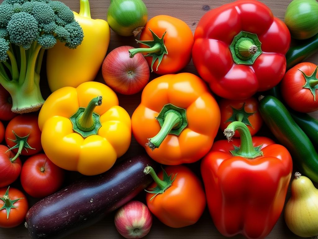 Colorful vegetables and fruits arranged in a vibrant display, representing a healthy diet rich in antioxidants.