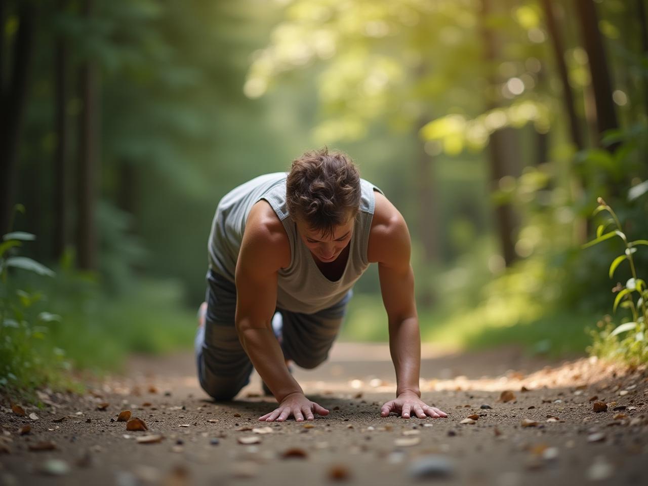 A person moving freely in nature, performing natural movements like crawling, climbing, and stretching.