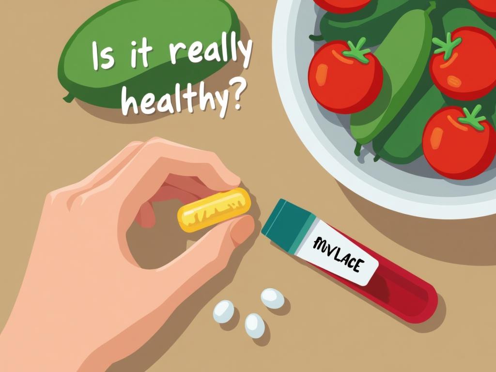 A hand holding a multivitamin pill next to a bowl of fresh vegetables and a blood test result, with the question Is it really healthy? written on top.
