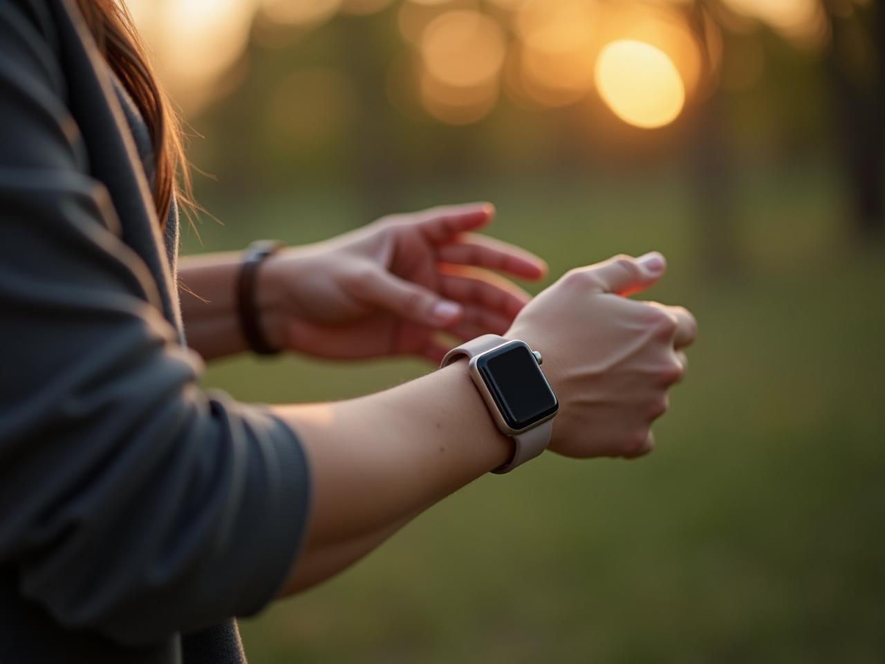 A person wearing a smartwatch while practicing mindfulness outdoors.