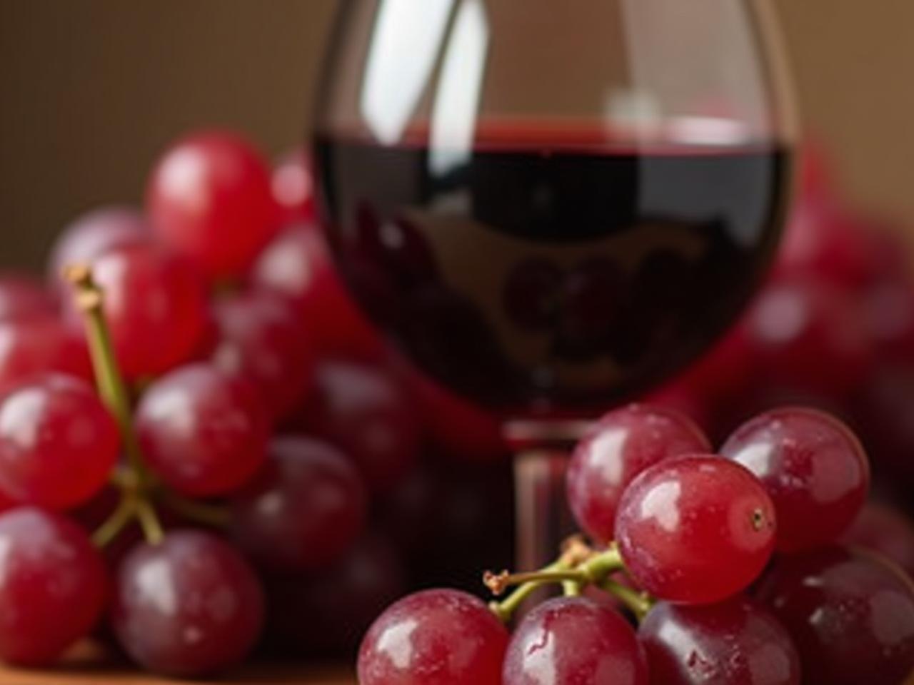 Close-up of red grapes and a glass of red wine, symbolizing the natural sources of resveratrol.