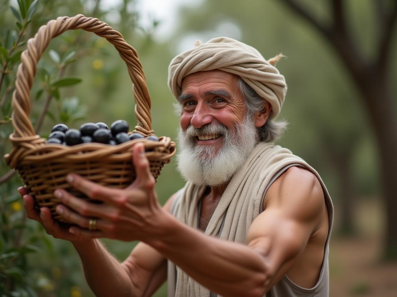 An elderly Greek man lifting a basket of olives with a smile, showcasing strength and vitality.