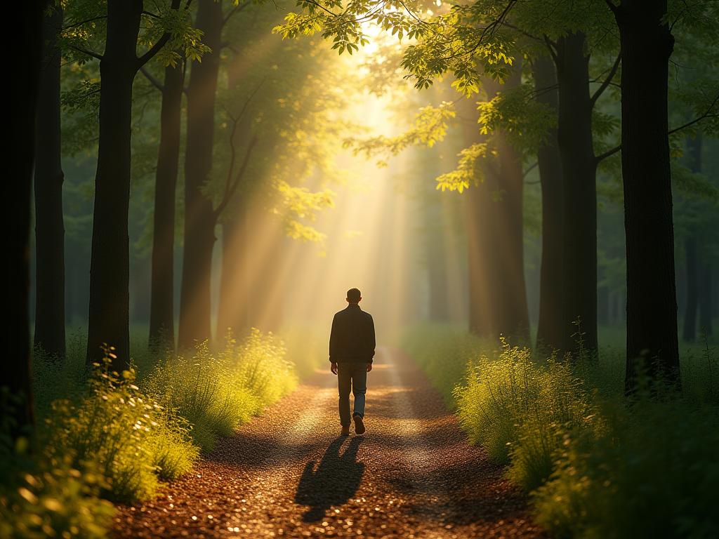 A person walking on a forest path, sunlight filtering through the trees, creating a sense of peace and mindfulness.