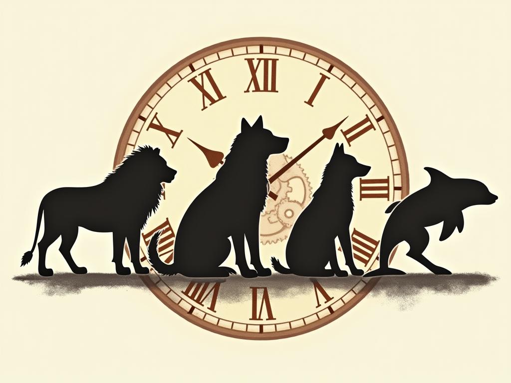 Illustration of different animal silhouettes representing chronotypes: lion, wolf, bear, dolphin. The background shows a clock with gears.