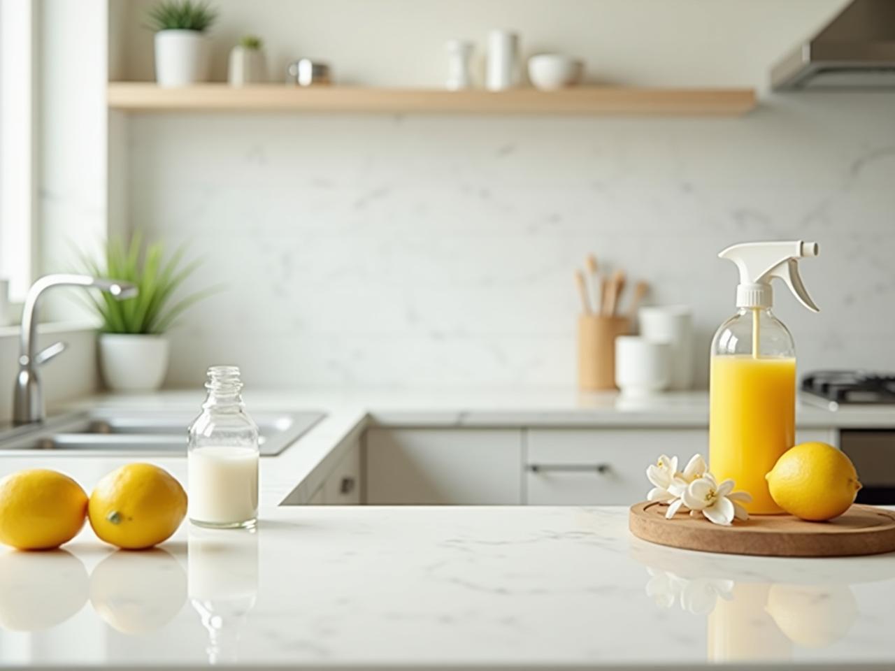 A bright and clean kitchen with sparkling surfaces and natural cleaning ingredients like lemons and baking soda.