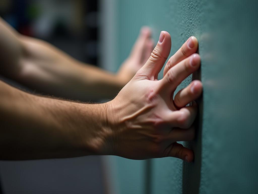 A close-up of a persons hands pressing against a wall, symbolizing isometric exercise. The background is blurred, focusing on the effort in the hands and arms.