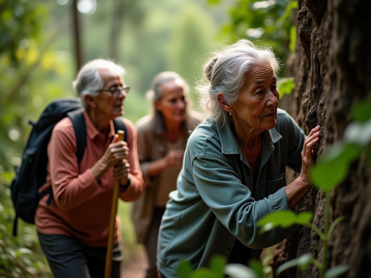 A group of elderly people from indigenous cultures engaging in physical activities like gardening and climbing, showcasing natural movement and active aging.